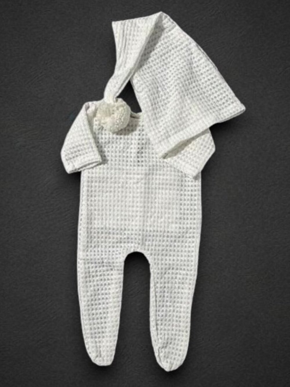 Cozy Waffle Knit Baby Romper Set White Hooded Newborn Outfit